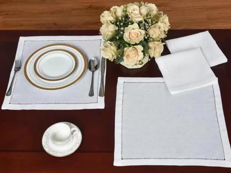 2pcs Hemstitched Napkins/Placemat,100% Linen, Handmade, White/Off White, banquets/Hotel/Cafe
