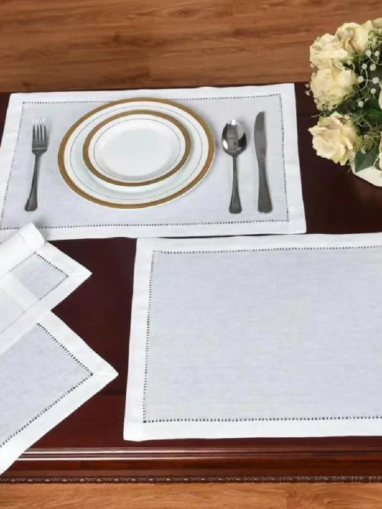 2pcs Hemstitched Napkins/Placemat,100% Linen, Handmade, White/Off White,  banquets/Hotel/Cafe